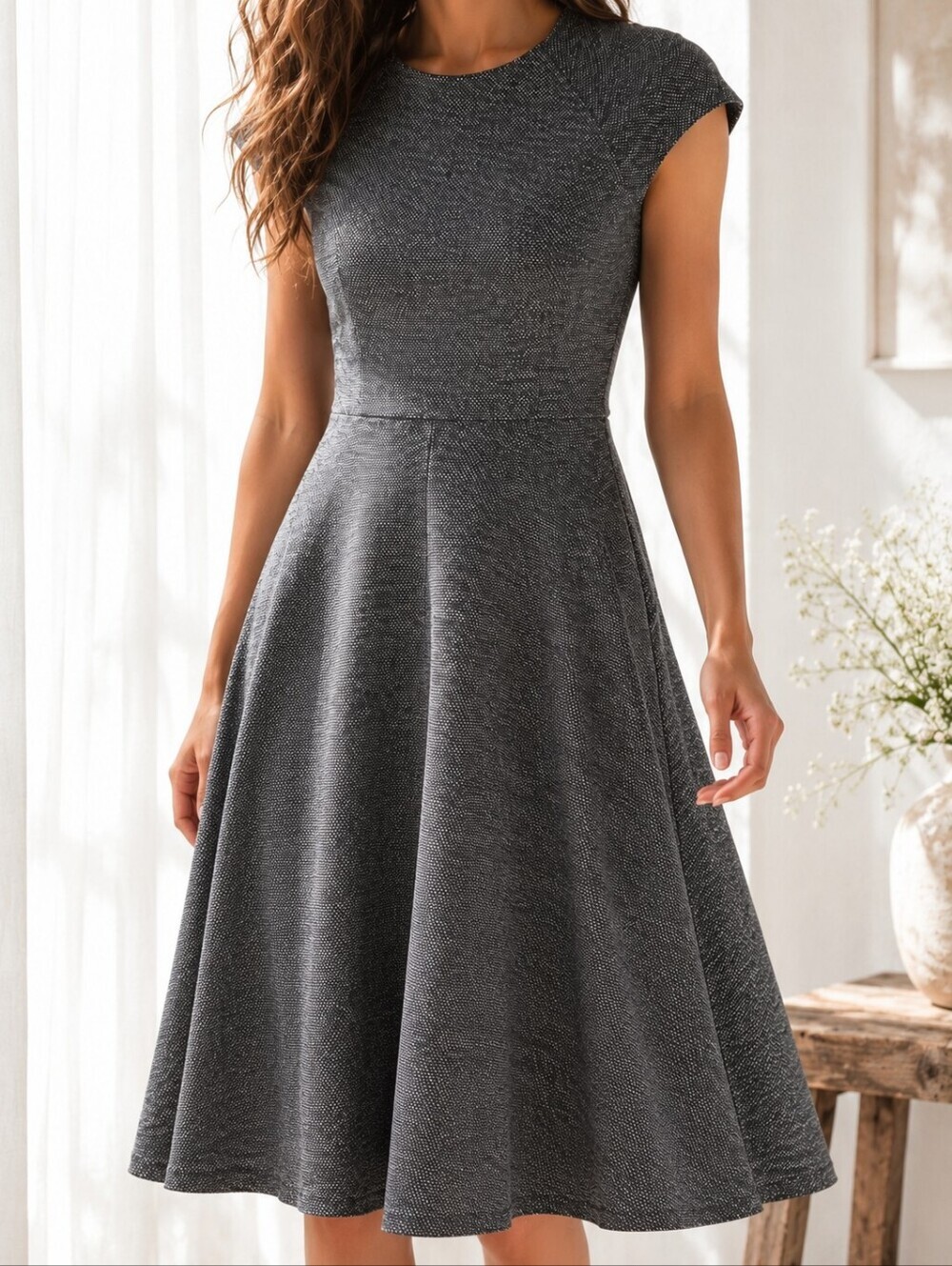 H&M Textured Fit & Flare Midi Dress Gray Cap Sleeve Small